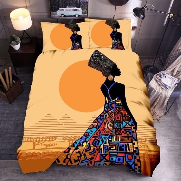 Yatak takımları Afrikalı kadın tek çift set 2 3 parça çocuklar için erkekler çöl gün batımı yatak kapak kız oda dekor yatak örtüsü tam boy 230210