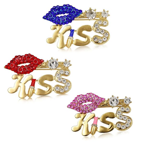20 PCs/lote Broche personalizado Rhinestone Sexy Kiss Lipsick Broches Pin for Women Acessórios