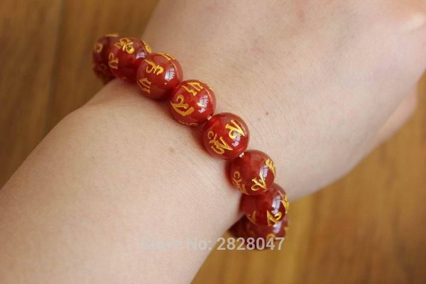 Strand Fili di perline Onice rosso tibetano Mantra 12mm Perline Bracciali donna Gioielli etnici Om Mani Padme Hum Bracciale regolabile per ragazze