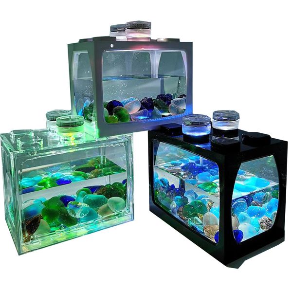 Tanque de peixes de mini aquário com luzes LEDs decoração de escritório em casa Aquários Aquários Acessórios