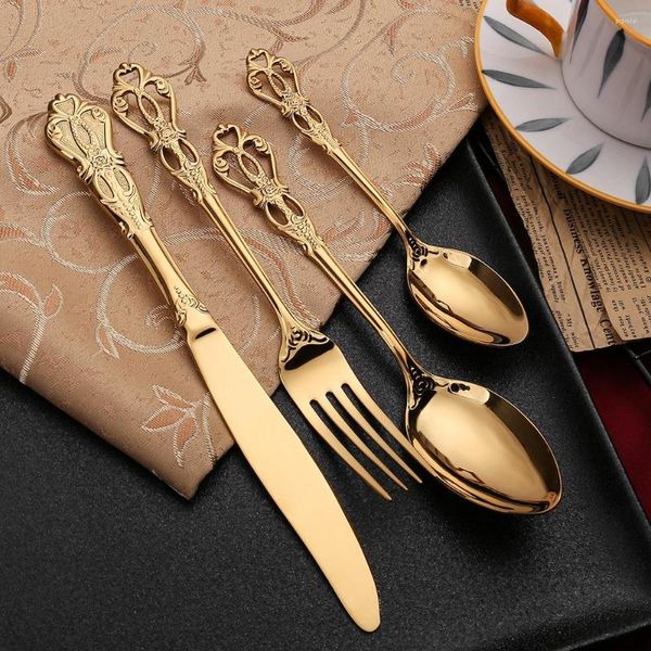 Dinnerware Gets Golden Vintage Cutlery 24pcs/Set Tableware 304 Faca de aço inoxidável Faca de faca de talheres de talheres