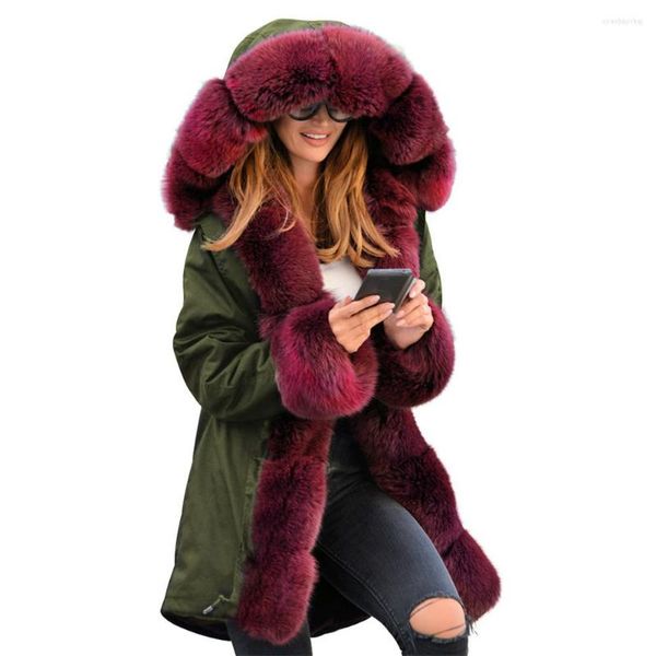 Damen-Trenchmäntel, Winter 2023, Europa-USA-Stil, Parka-Oberbekleidung, Damen-Pelzkragen, lange Ärmel, schlank, verdickt, warm, mit Kapuze, Baumwolle gefüttert