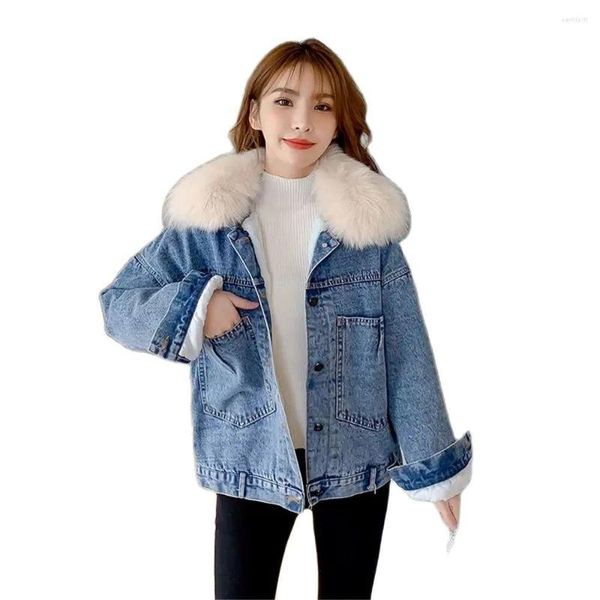 Damenjacken Winter Damen Denim Dicke warme Mäntel Frauen Großer Pelzkragen Lose Jean Jacke Weiblicher Mantel Oberbekleidung Kleidung