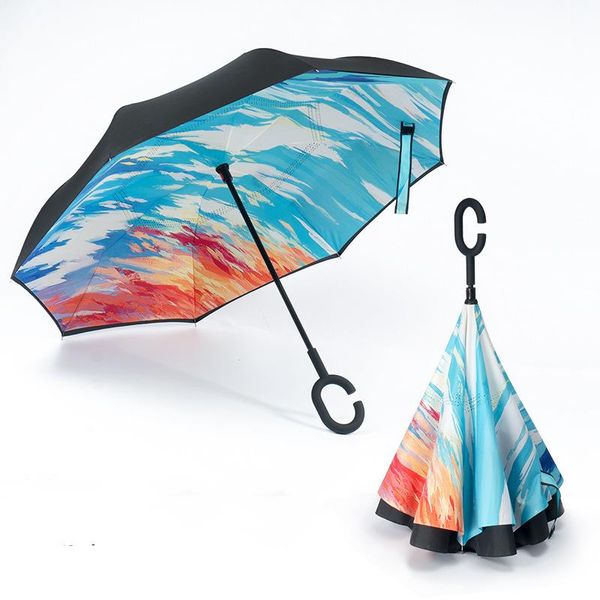 Şemsiye Ters Şemsiye Yaratıcı Shank Katlanır C-Hook Antiuv Tutamak Çift Katmanlı Rüzgar Geçirmez Seyahat Parasol Ters Ters Kendinden Stand Parapluie