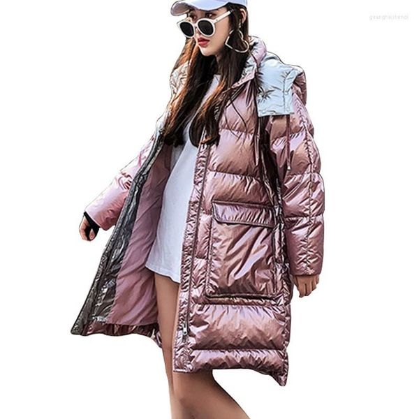 Trench da donna Piumino in cotone rosa chiaro lampeggiante Cappotto lungo invernale da donna Parka con cappuccio 2023 Imbottito luminoso imbottito femminile caldo