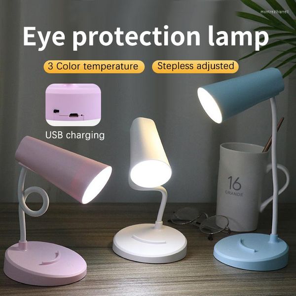Tischlampen USB-Aufladung, stufenloses Dimmen, 3-Modus-LED-Lampe, gelbes warmes Licht, Augenschutz, Lesebuch mit Handyhalter