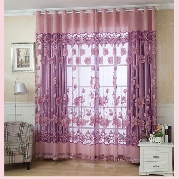 Cortina 2pcs 100 250cm Cortes de janela de padrão floral com contas Divisão Divisão de Divisão de Voile Divisão Decoração