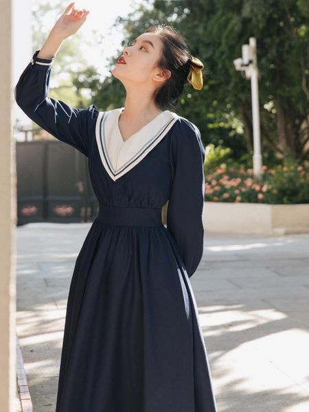 Casual Kleider Japan Preppy Stil Sailor Kragen Kleid Frau Vintage Marineblau Große Größe Dame Vestidos Festa Herbst Frühling