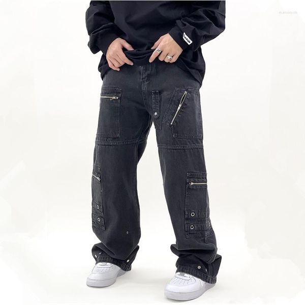 Jeans da uomo 2023 Arrivi Tasca con cerniera Nero Hip Hop Uomo Pantaloni cargo Retro lavato dritto pantaloni larghi in denim di cotone Pantalones