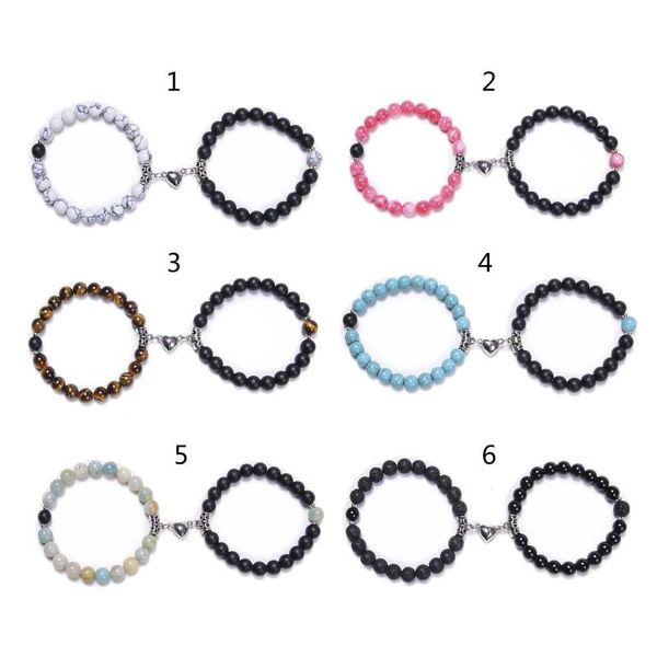 Bracelets de charme 2pcs/conjunto de ímã de forma de coração Casais de pulseira de ímãs amam jóias de pulseiras naturais significativas de jóias de 8 mm de miçangueira