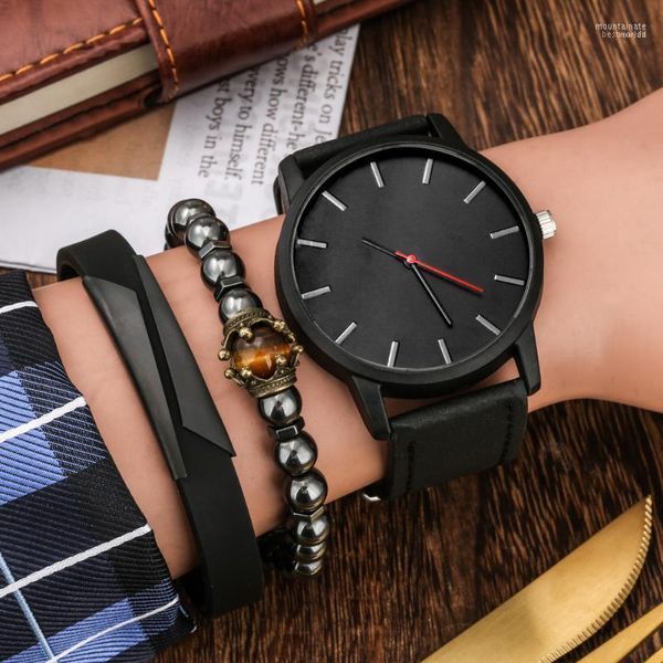 Armbanduhren Uhr für Männer mit Armband Geschenkset Schwarz Leder Quarz 3PCS Luxus Casual Fashion Business MOUN22