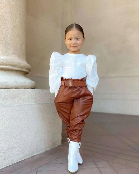 Ensembles de vêtements filles élégantes enfants vêtements ensemble printemps automne bulle manches haut droit PU ceinture taille cuir pantalon enfants costumes