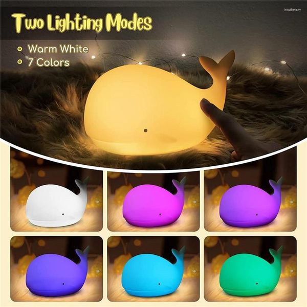 Luci notturne Led Luminoso Balena Luce 7-Color Silicone Usb Ricaricabile Decorazioni per la stanza Lampada da tavolo Giocattoli per bambini Articoli per bambini