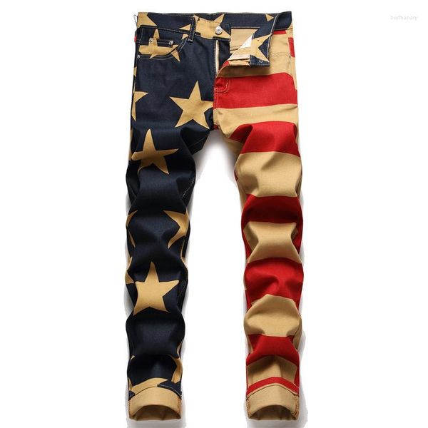 Мужские джинсы мужчины USA Flag Print Stripe Stripe Stripe звезды цифровые печатные джинсовые брюки тонкие брюки карандашом