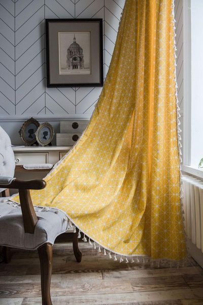 Cortina de cortina de cortinas de linho de algodão geométricas amarelas borlas nórdicas para a sala de estar com decoração de tratamento de cortinas de janela da sala de estar decoração