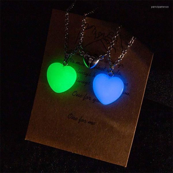 Collane con ciondolo 2 pezzi collana coppia cuore luminoso verde blu per donna uomo amore cristallo magnetico bagliore nei gioielli scuri