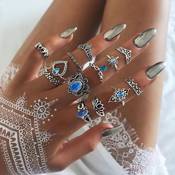 Fedi nuziali 13 pezzi / set Retro Mid Knuckle Ring Set per le donne Crystal Geometric Hollow Lotus Finger Fashion Bohemian Jewelry all'ingrosso