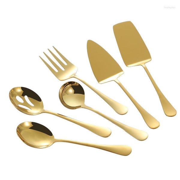 Set di stoviglie 6 pezzi Set di posate in acciaio inossidabile Nastro d'oro Servire Colino Cucchiai Forchetta Torta Pala Buffet Catering Stoviglie