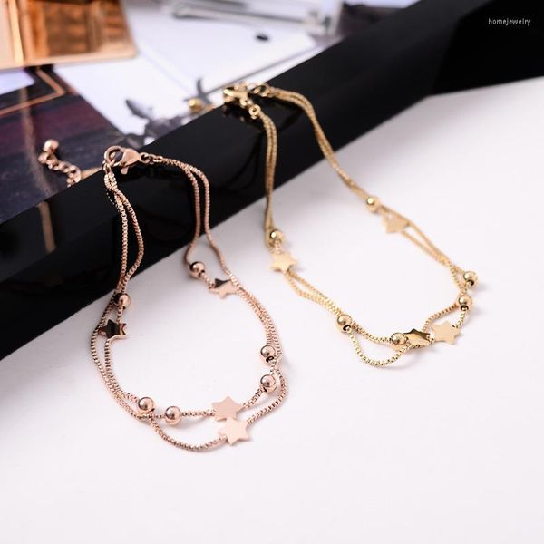 Fußkettchen YUN RUO Mode Doppelschicht Stern Fußkettchen Box Kette Frau Geschenk Rose Gold Farbe Titan Stahl Schmuck Nie Verblassen Drop