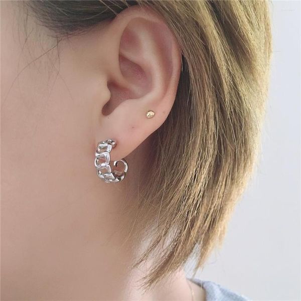 Stud Earrings Vintage Rhodium Color Plating Chain Shape Curved For Women Girl Cute Modern Basic Trendy Chic Jewelry Accessory