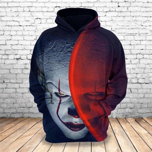 Moletons masculinos 2023 Sorto de moletom Personalizar Design Halloween Face It Pennywise 3D Pullovers exclusivos impressos Tops Men roupas