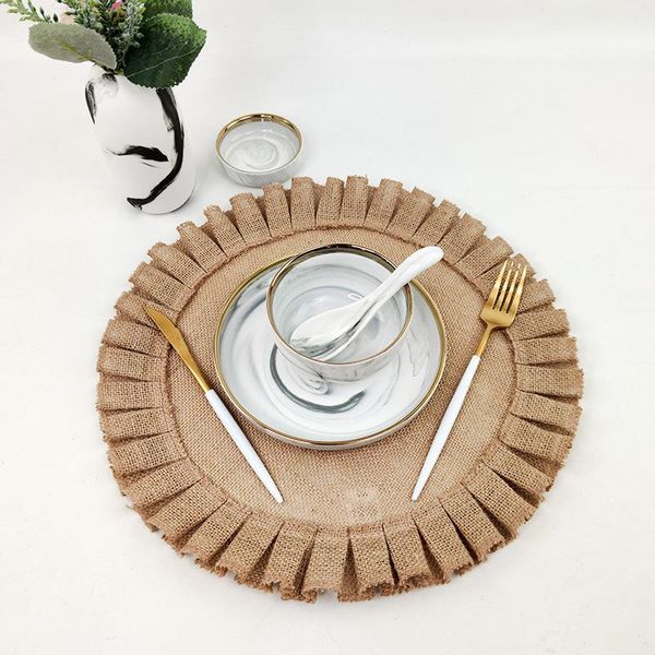 Tischsets Pads 1pc Runde Jute Falten Spitze Tischsets Natürliche Farbe Wärmedämmung Nordic Haushalt Für TableMats Matten