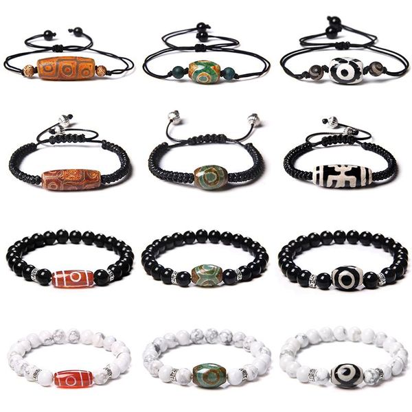 Fili di perline Classici perline Dzi Fascino Braccialetti in pietra naturale per donna Uomo Bracciale tibetano nero bianco Buddismo Preghiera Meditazione