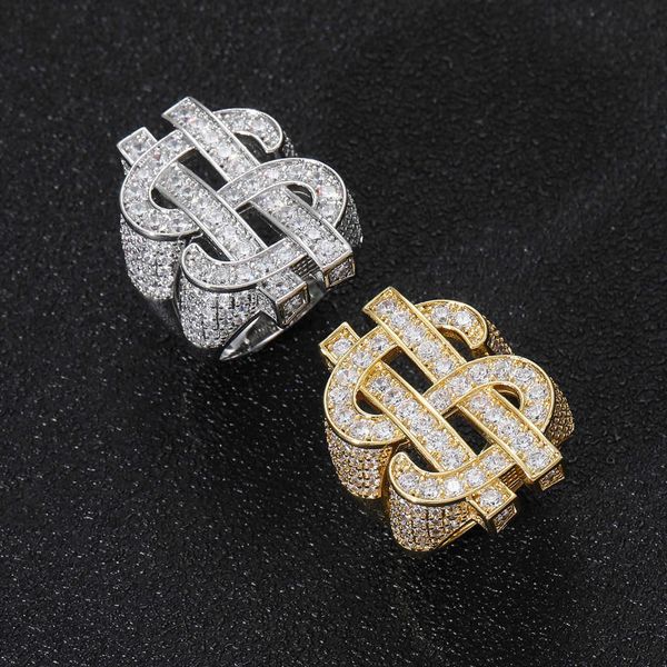 Earringhip Hop Men's Dollar Sign Real Gold Electroplated Micro Set de Personalidade de Zirc￣o Anel Dominante