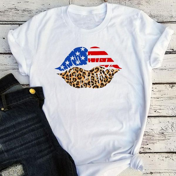 Kadın Tişörtleri Vatansever Dudaklar Gömlek Amerikan Bayrak Üstleri Kadın Giyim Kisses Tshirt 4 Temmuz Grafik Tees Merica Unisex