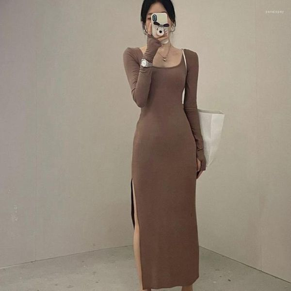 Casual Kleider Mode Sexy Square Neck Stretch Maxi Kleid Frauen Party Club Damen Bodycon High Side Split Herbst Elegante Lange hülse