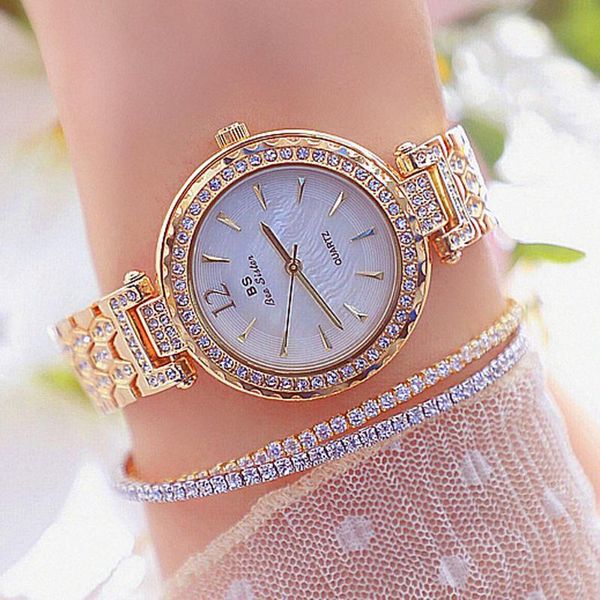 Armbanduhren Goldene Damen Elegante Armbanduhren Frauen Armband Strasssteine Analoge Quarzuhr Damen Kristall Kleines Zifferblatt Reloj #A