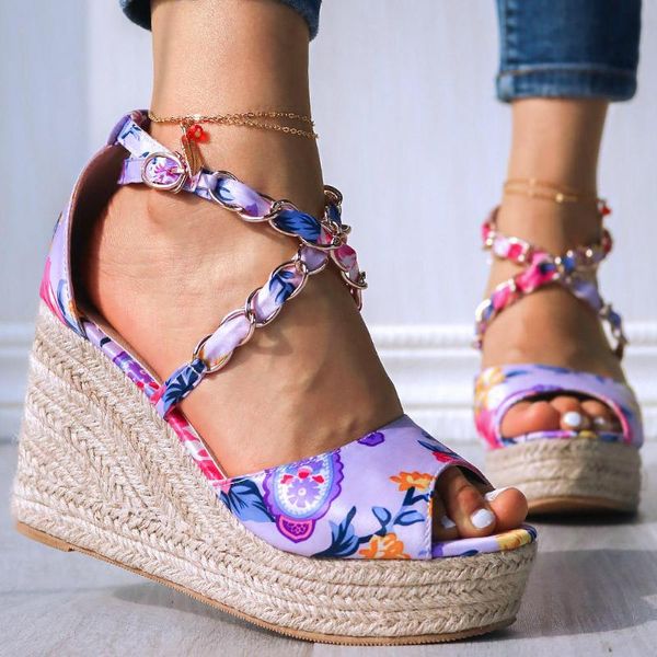 Sandálias plus tamanho 43 para dropship purple flor estampada cunhas de verão plataforma salto alto sapatos mulheres mulheres