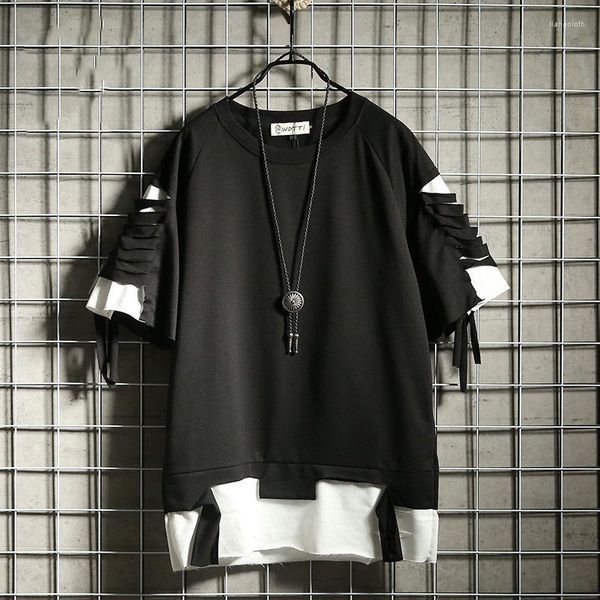 T-shirt da uomo Camicia strappata hip-hop nera Ins Fashion Gothic Harajuku T-shirt da uomo patchwork Casual High Street TShirt Streetwear Femme