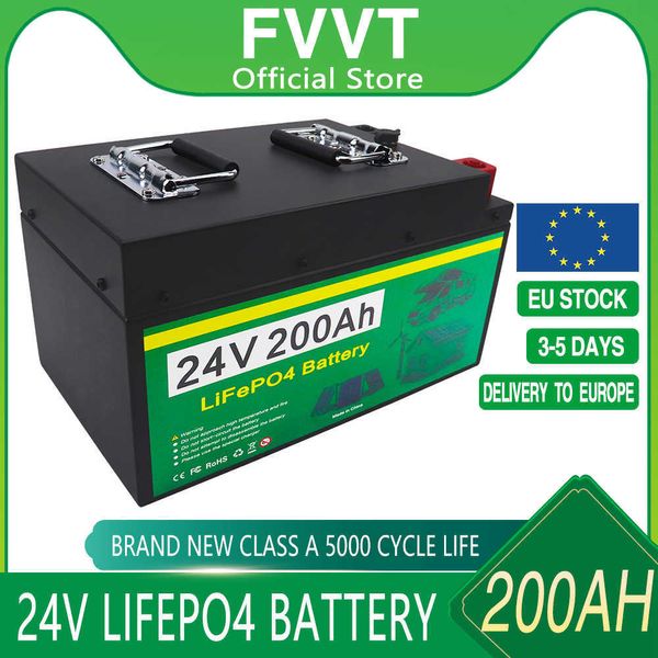 24V 200Ah LifePO4 Batteria incorporata Cellule di fosfato di ferro al litio BMS per campeggiatori camper carrello da golf stoccaggio di energia solare con caricabatterie