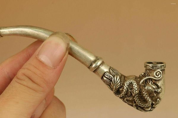 Figuritas decorativas raras Tíbet plata cobre herramienta para fumar estatua antigua apertura sagrada cabeza de dragón pipa