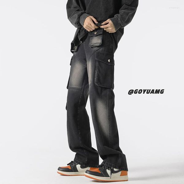 Jeans masculinos marrom azul preto homem folgado moda de bolso de bolso masculino de streetwear japonês Hip-hop calças de jeans retas soltas