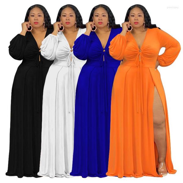 Повседневные платья Женщины мода африканская сексуальная глубокая V-образная выпускная платье с длинным рукавом элегантное расщепление A-Line Plus для вечерней вечеринки 4xl