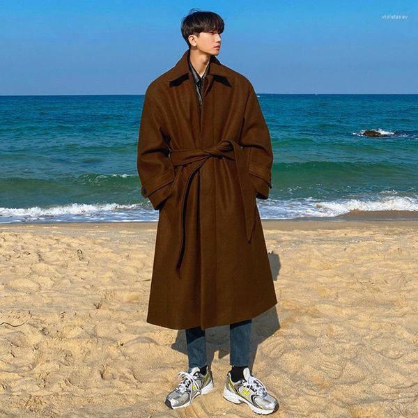Erkek Yün Karışımları Syuhgfa Tweed Palto Sonbahar Kış Kış Uzun Koyu Gevşek Diz Uzunluk 2023 Koreli İngiliz Kalınlaştırılmış Kelinli Ceket Viya