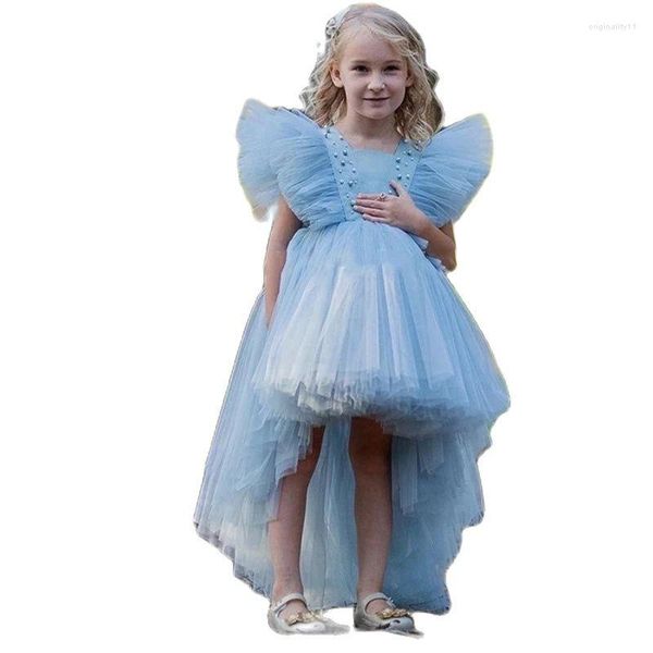 Vestidos de menina azul moda da criança princesa Flower Pearls Scoop Comunhão Birthday Pageant Robe de Demoiselle 1-12 anos