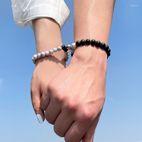 Strand Beaded Strands 2Pcs Stone Matte Beads Bracciale Fashion Retro Black White Frosted Magnetic Attraction Coppia elastica Rodn22