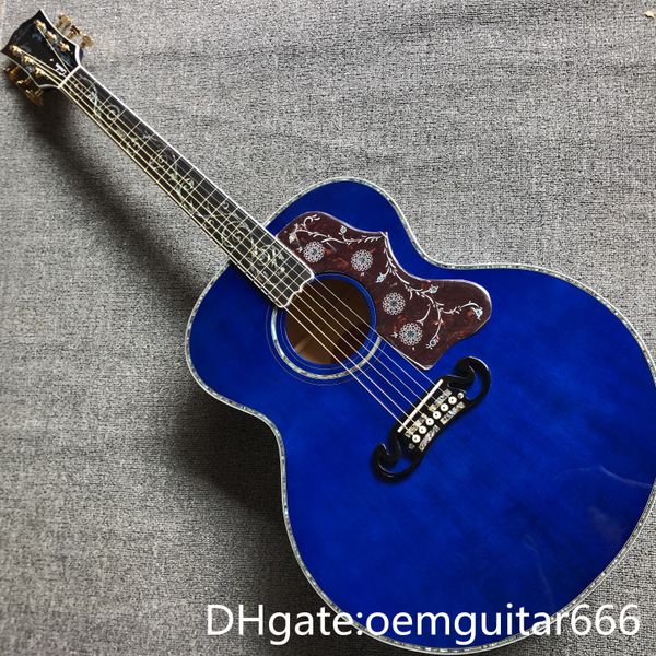 Guitarra personalizada de fábrica, tampo em abeto sólido, escala em ébano, laterais e costas em bordo flamejante, violão Jumbo azul de alta qualidade de 42 