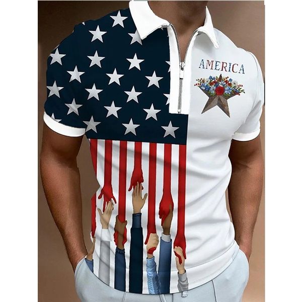 Herren Polos Sommer Kleidung Hemden Streetwear Flagge Drucken Casual Kurzarm T-shirt Männer Drehen-unten Kragen Zipper Prom tops 230211