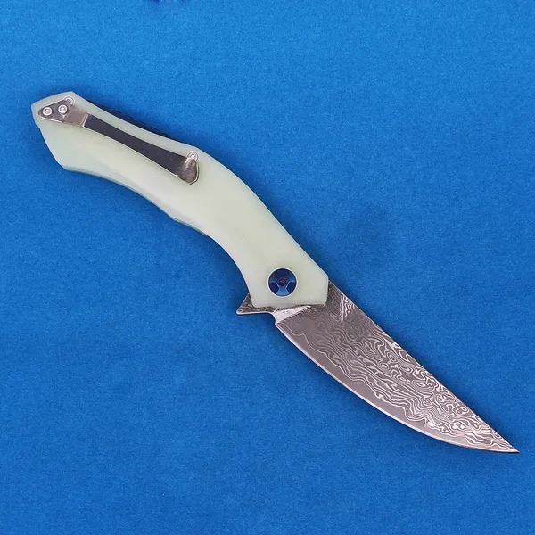 Новый R2308 Flipper складной нож VG10 Damascus Steel Blade Jade G10 Handing Harding Barking Warter Past Open Edc.