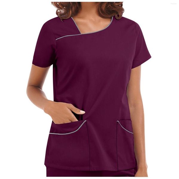 Damen T-Shirts Frauen T-Shirt Uniform Kurzarm V-Ausschnitt Knopf Sommermode Damen T-Shirt Pflegearbeiter Tunika Klinikkleidung 2023