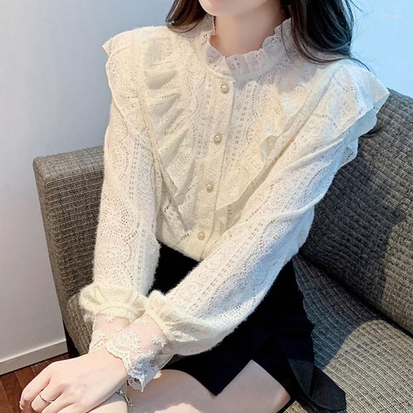 Damenblusen Mode Koreanische Bluse Frauen Blusas Stehkragen Chiffonhemden Langarm Rüschen Spitze Vintage Elegante Femme Tops Schwarz
