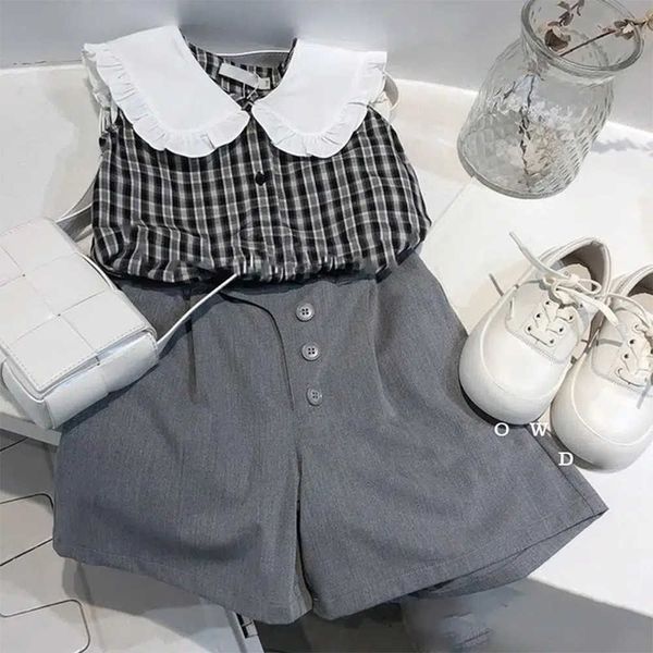 Modekleidung Sets Sommer Girls New Casual Anzug koreanischer Stil Plaid T -Shirts Wide Leghose Zwei Stücke Kinder Set Set