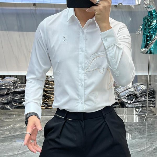 Camicie casual da uomo Uomo Animal 2023 Spring Fall Trend Fashion Versione coreana Slim Dolphin Diamond Camicia elegante ricamata Camisa Masculina