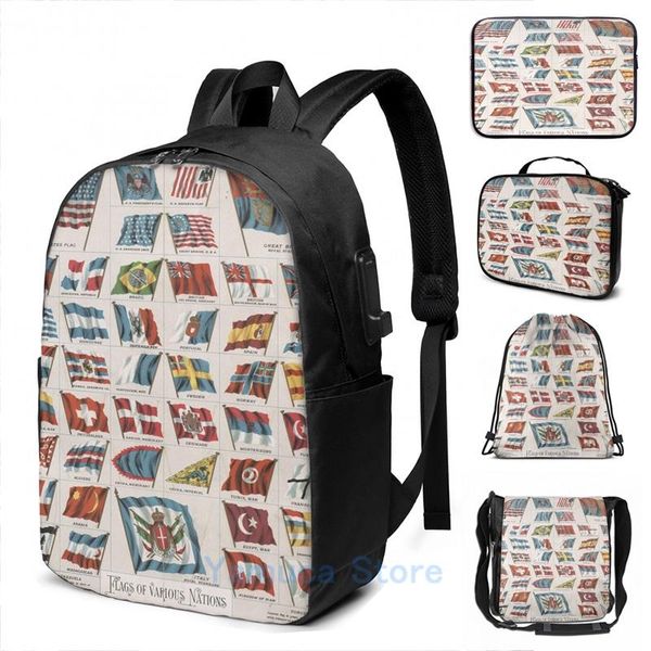 Rucksack Grafikdruck Vintage Flags der Weltillustration (1892) USB -Ladung Männer Schultaschen Frauen Bag Travel Laptop