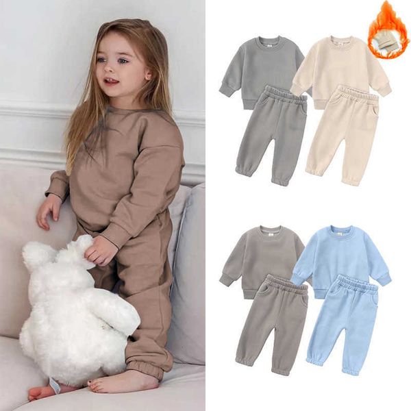 Completi di abbigliamento Nuovo inverno Causale Vestiti per bambine Pezzi di tuta sportiva Set Felpa girocollo scozzese in pile caldo Pantaloni Tuta per bambini