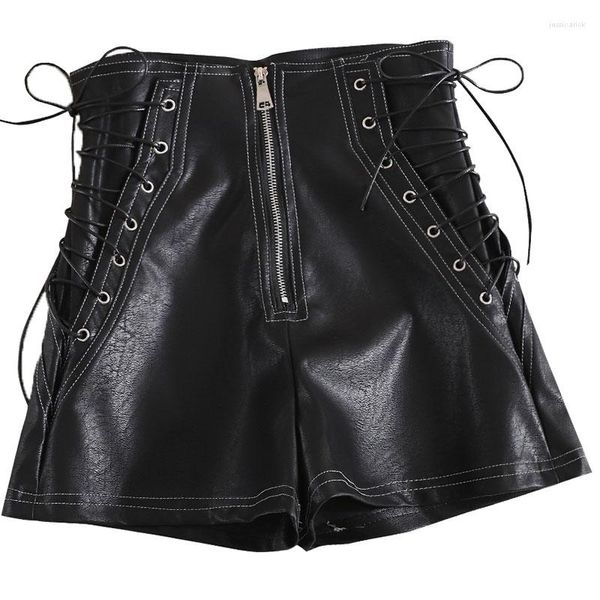 Damen-Shorts, Schnürung, Leder, Damen, große Größe, Schwarz, Weiß, PU, hohe Taille, Damen, sexy, koreanische Mode, weites Bein